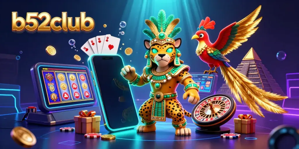 Engage with b52club's vibrant online gaming experience featuring a Mayan priest surrounded by casino elements.