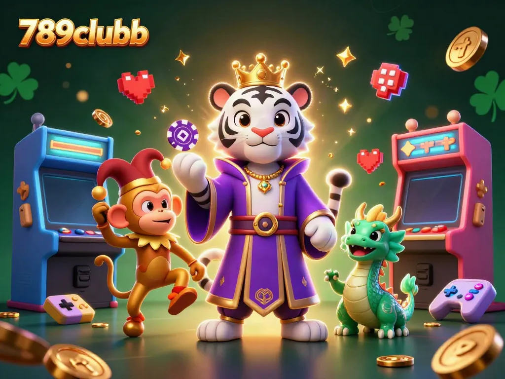 Engage with 789clubb by enjoying a dynamic casino scene featuring a majestic white tiger, juggling monkey, and animated jade dragon.
