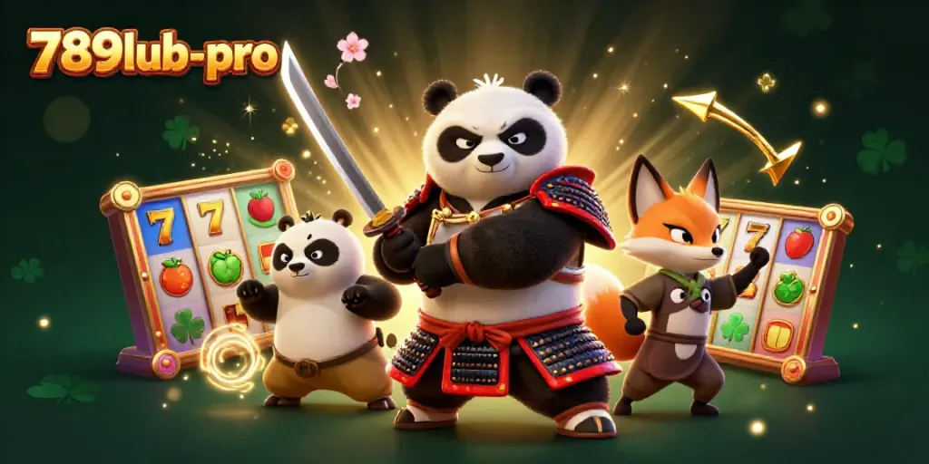 Experience thrilling gaming with 789lub-pro's vibrant casino scene featuring samurai panda and playful characters.