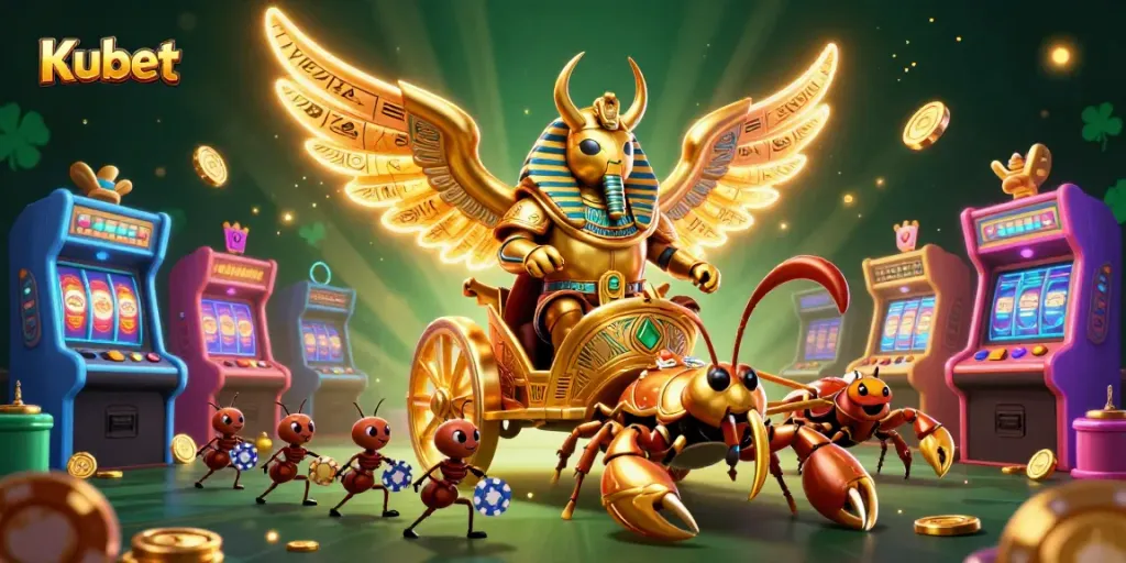 Kubet engages players with vibrant slots and golden scorpions in a detailed 3D casino illustration.
