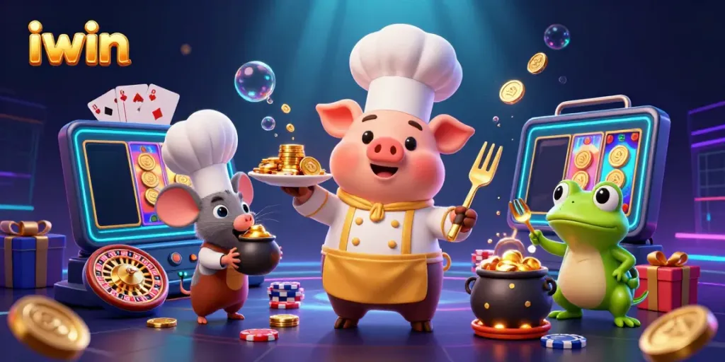 Spin with iwin! A cartoon chef pig serves gold coins while a mouse and frog get in on the winning action.