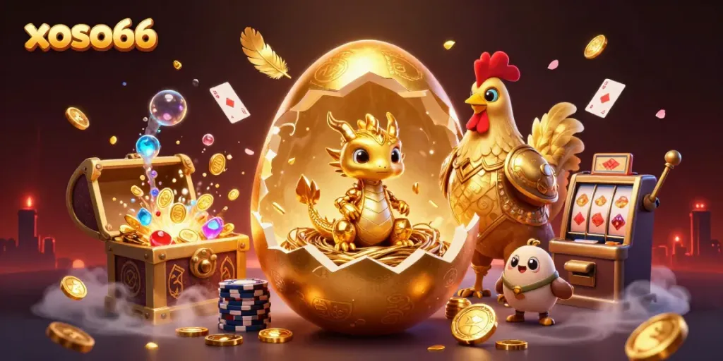 Xoso66 brings excitement with a golden dragon and poker chips in a vibrant casino scene.