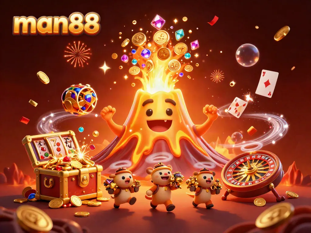 Experience excitement at man88 with a golden volcano erupting treasure amid dynamic gaming elements.