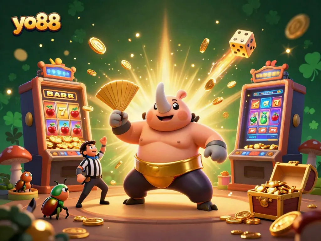 Experience thrilling action at yo88 with a dynamic scene of a beetle champion amid flying coins and exciting game elements.