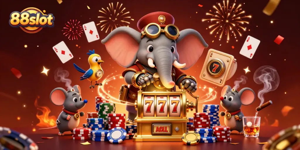 Spin lucky slots at 88slot with a steampunk elephant engineer in a vibrant casino scene.