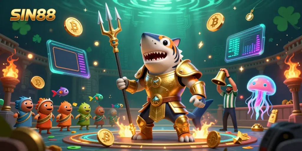 Join SIN88 for exciting underwater gambling adventures with tiger shark and vibrant crypto elements.