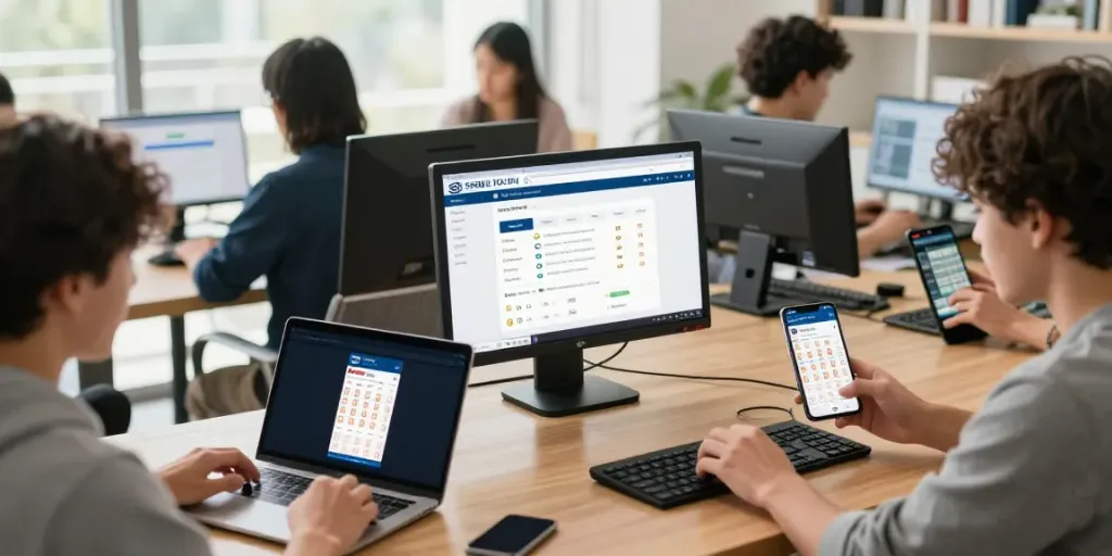 Kegiatan pengguna SERIBUTOTO dengan perangkat mobile dan desktop dalam suasana portal togel yang ramah.