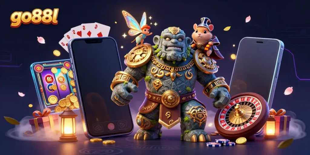 Experience thrills with go88l's vibrant 3D scene showcasing exciting slot games and a magical adventure.