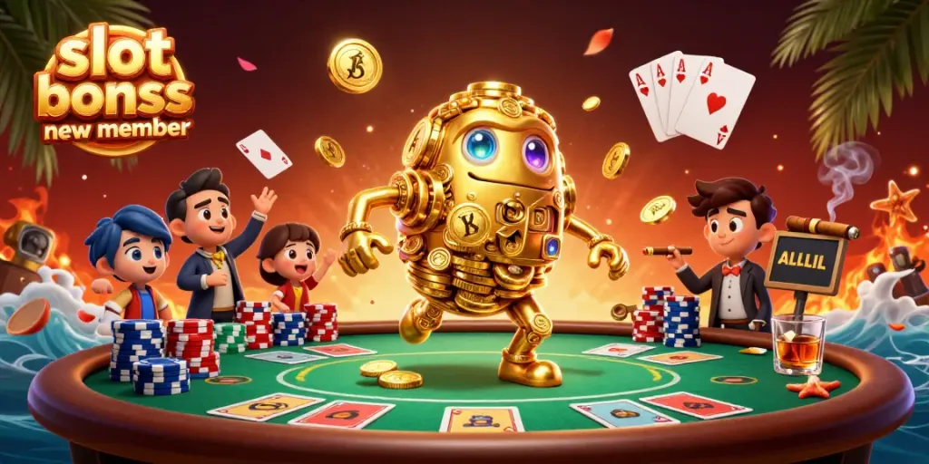 Experience the thrill of the slot bonus new member at a vibrant casino scene with gold coins and poker tables.