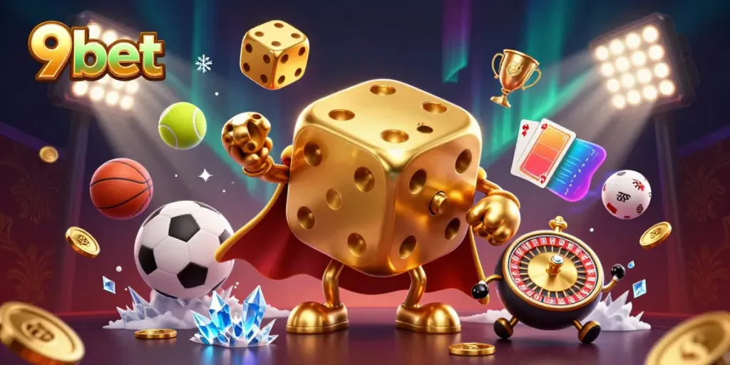Engage in thrilling action at 9bet with a dynamic 3D casino scene featuring golden dice, lively sports elements, and vibrant casino ambiance.