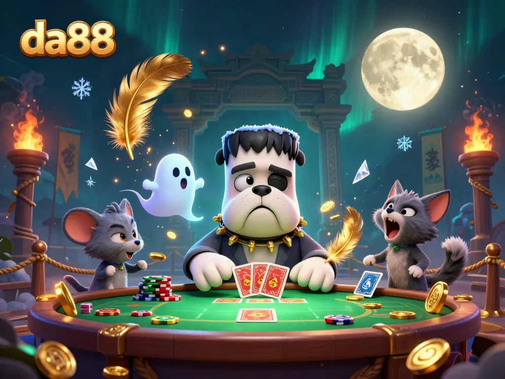 Experience the thrills of da88 with unique characters playing cards at a ghostly casino.