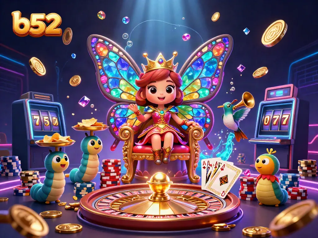 Engage with b52's vibrant casino space featuring a butterfly queen and gaming elements.