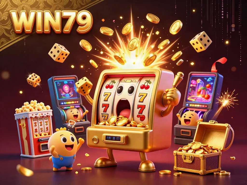 Experience the excitement of WIN79 with a vibrant scene of a golden slot machine hitting a jackpot, surrounded by cheering mini slot machines.
