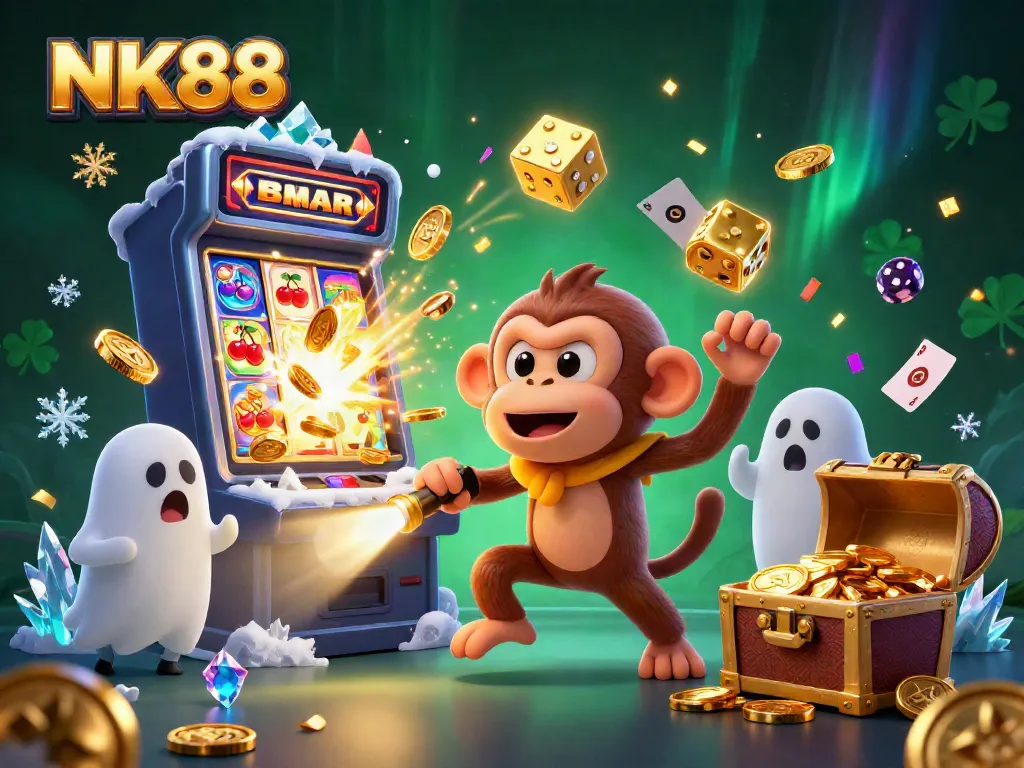 Navigating the casino world with NK88: entertaining 3D ghostly monkey and daring puppy explore riches.