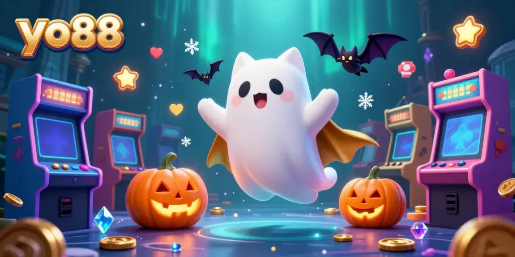 Experience thrilling gameplay with the ghost cat in the haunted arena of yo88, surrounded by vibrant gaming elements.