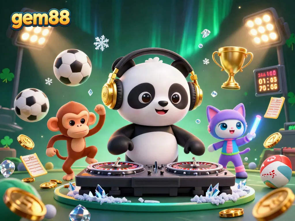 Experience thrilling gambling excitement with gem88's vibrant characters in a dynamic 3D casino scene.