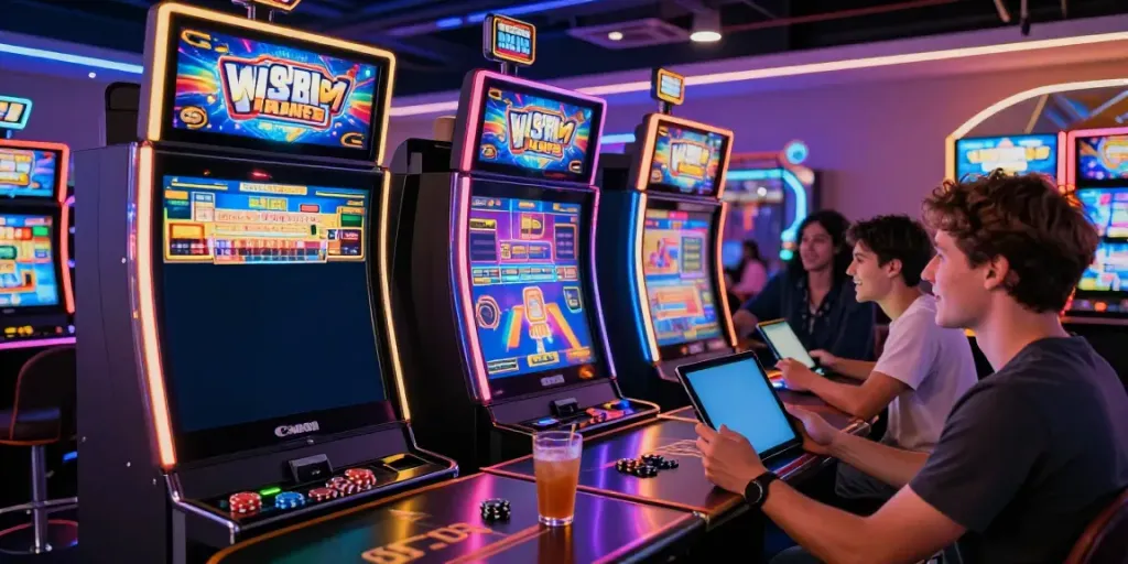 Dynamic scene of players enjoying Slot gacor games in a modern gaming arcade.