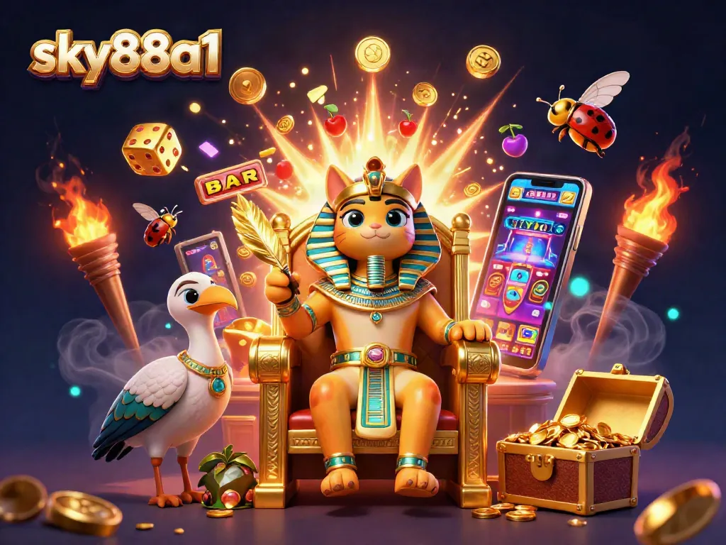 Experience the excitement of sky88a1 with a pharaoh cat amidst casino games and winning symbols.