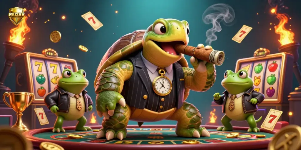 Experience the thrill with RED88 in a vibrant casino scene featuring a mobster turtle and slot reels.