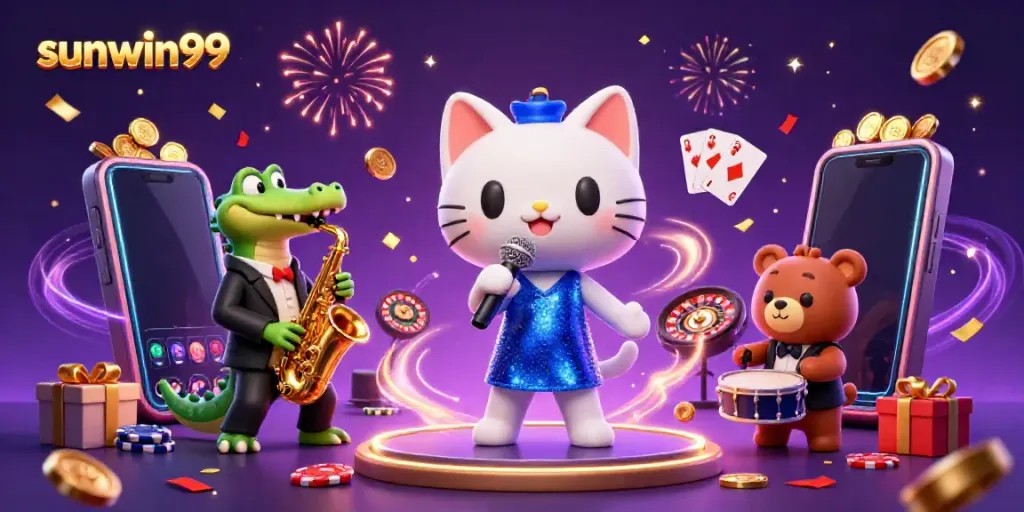 Join the excitement at sunwin99 with a musical casino scene featuring vibrant characters and games.