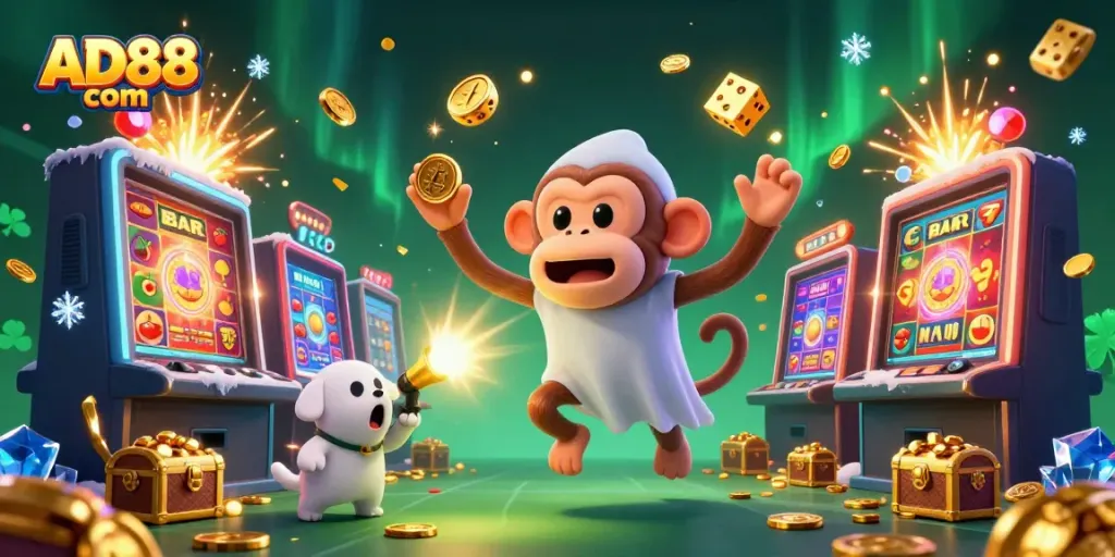 Experience thrilling gaming with AD88 com featuring a vibrant casino scene and magical characters.