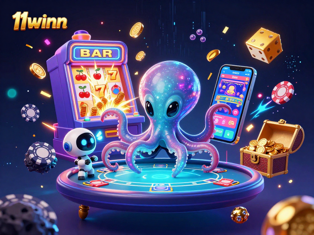 Engage with the 11winn universe through this vibrant, action-packed casino illustration.
