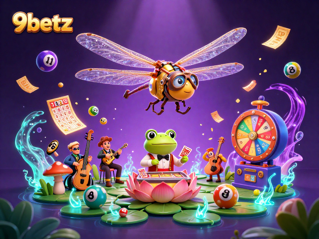 Engage with 9betz as a dragonfly pilot surveys a vibrant lily pad casino, featuring lively frog dealers and cricket musicians.