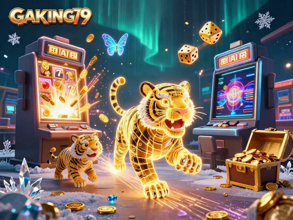 Engage with GAKING79 as a golden tiger leads you through a vibrant casino adventure.