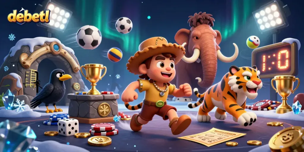 Experience thrilling gameplay at debetl with a vibrant 3D casino scene featuring unique characters and dynamic sports elements.
