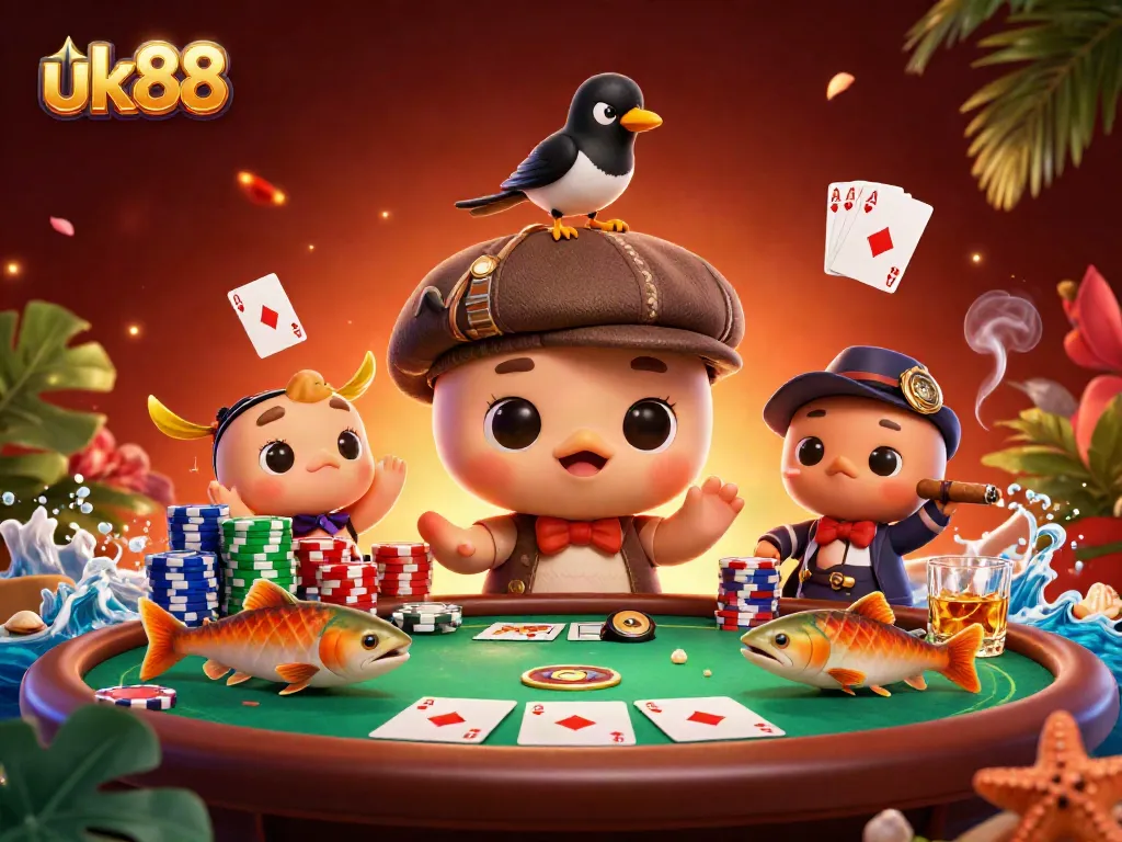 Experience thrilling gameplay at uk88 with a vibrant casino scene featuring cartoon creatures.