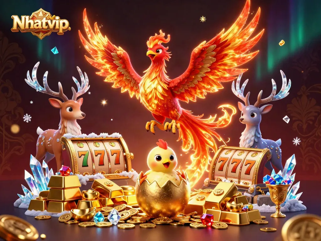 Nhatvip players enjoying a vibrant casino scene with a fire phoenix and mystical stag in a slot game setting.