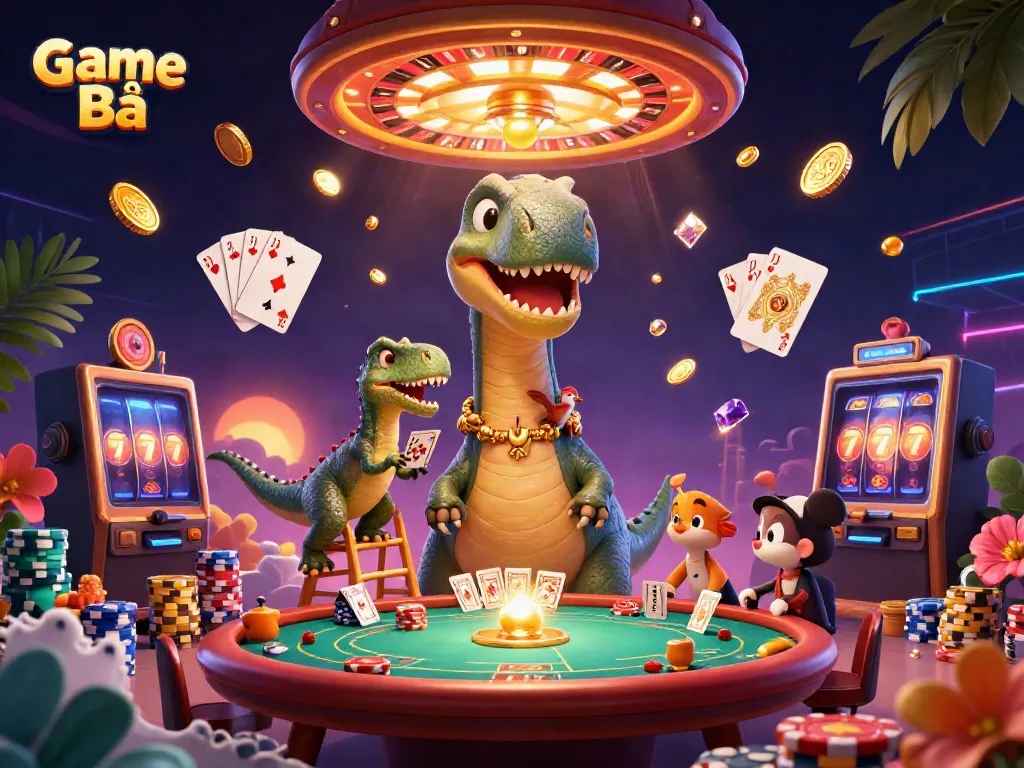 Experience thrilling Game Bài excitement with a colossal brontosaurus overseeing vibrant casino action.