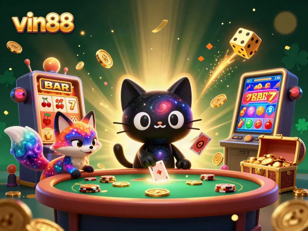 Experience thrilling wins at vin88, featuring a cosmic casino showdown with vibrant characters and dynamic slots.