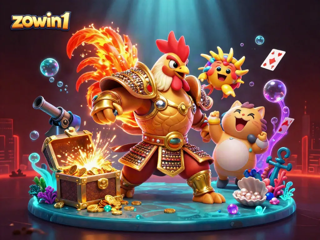 Zowin1 casino experience with a rooster warrior, dragon hatchling, and luck cat amidst treasures