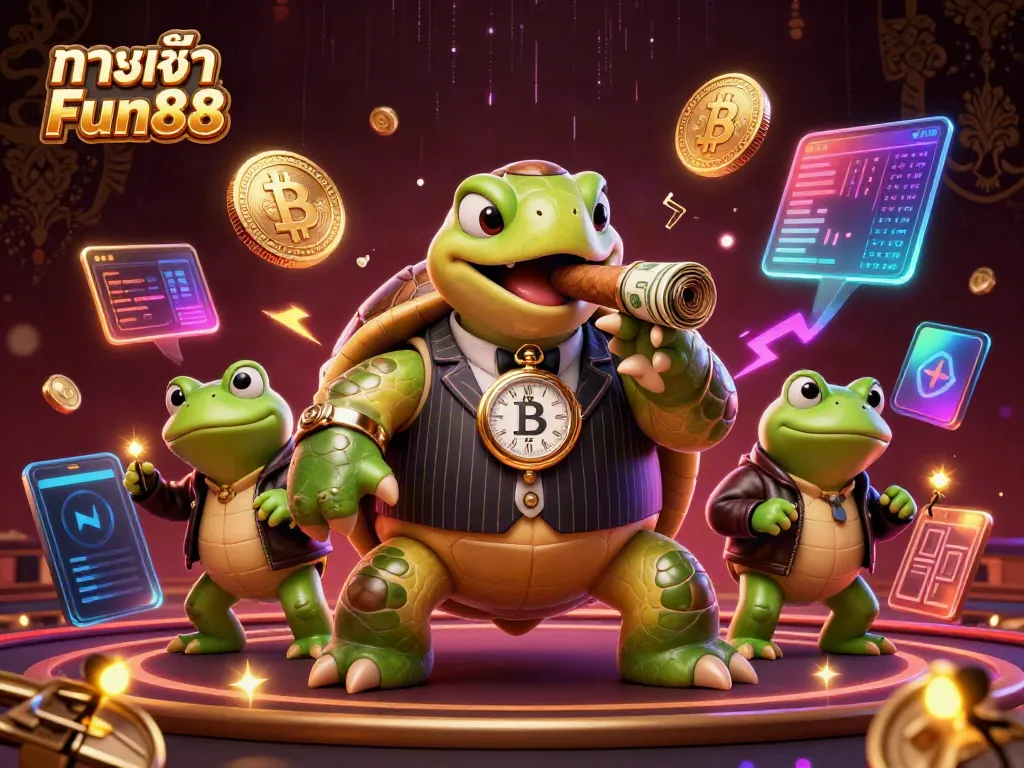 Engage with the ultimate ทางเข้า Fun88 experience featuring a cartoon turtle in a casino setting.