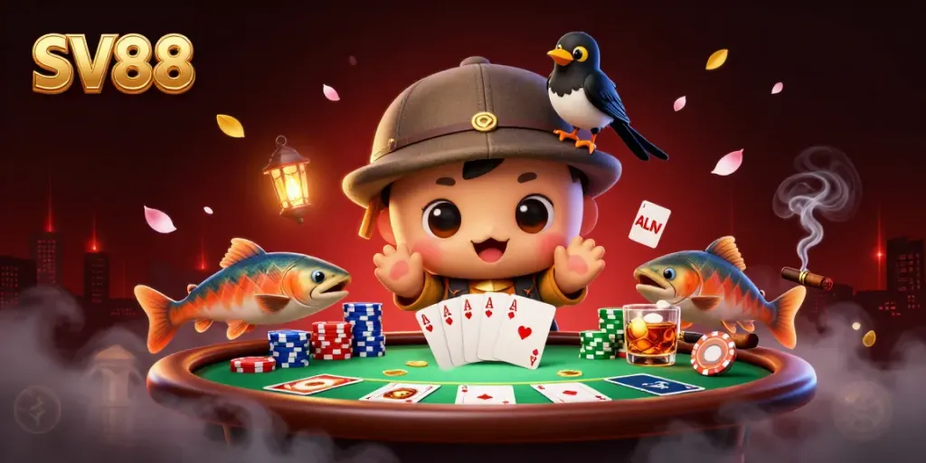 Experience the fun with SV88, featuring playful cartoon characters in a dynamic casino scene.