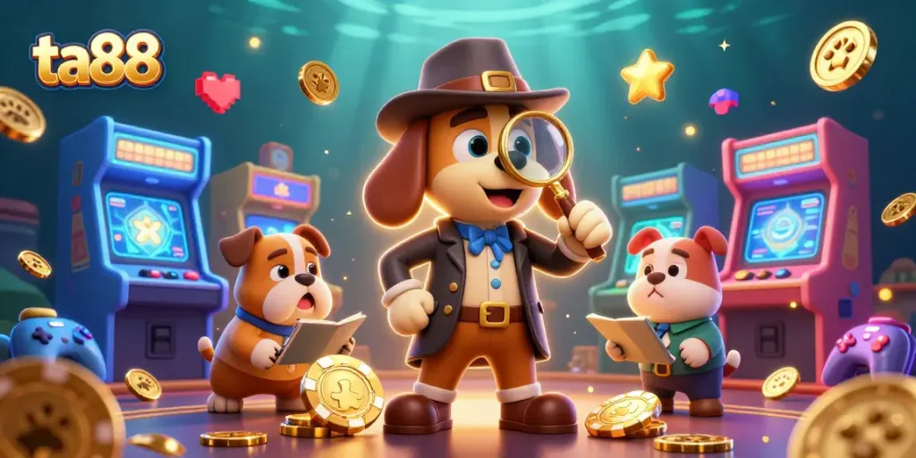 Play exciting games at ta88 with a cartoon detective uncovering treasures and casino clues.