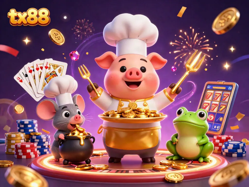 Experience the excitement of tx88 with gourmet gold coins and festive casino elements!