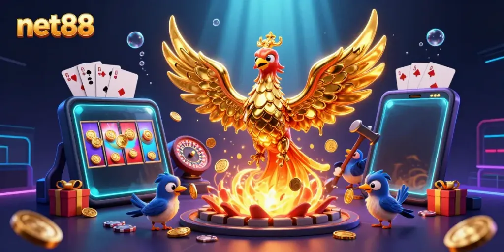 Experience the thrill of gaming with net88 and its captivating cartoon scene of a molten phoenix creating coins.
