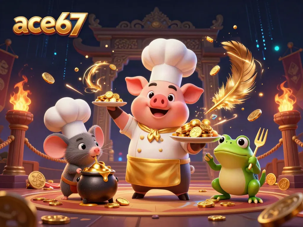 Experience the ace67 excitement with a chef pig serving gold coins in a vibrant casino scene.