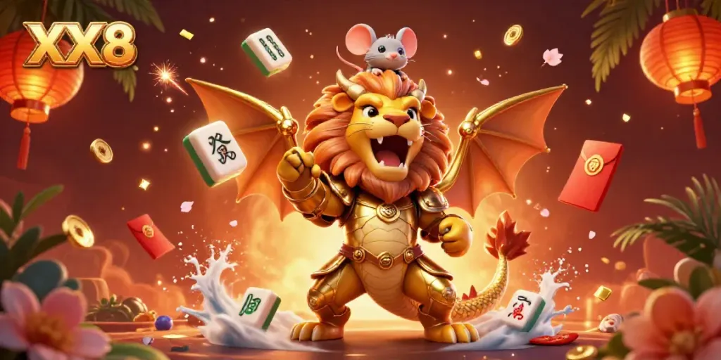 Experience the thrill of the casino with the XX8 chimera creature and vibrant gambling elements.