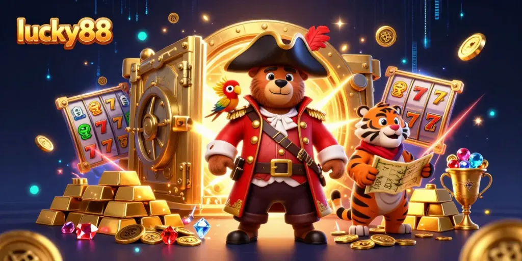 Win big at lucky88 with interactive slot machines and dazzling treasures in a vibrant casino scene.