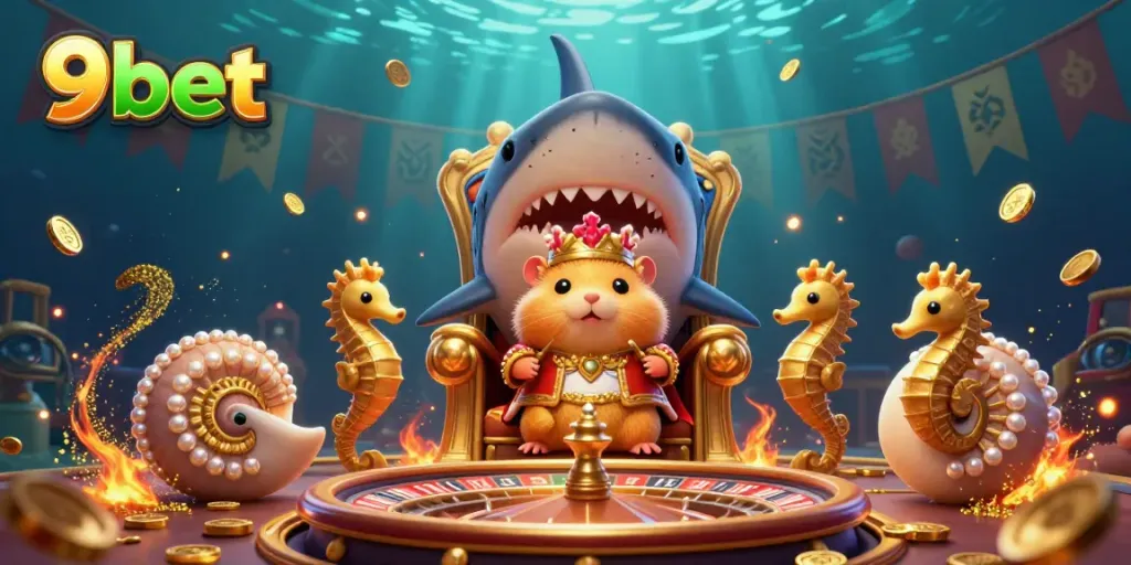 Experience live casino excitement with 9bet in a vibrant underwater scene featuring a hamster king.