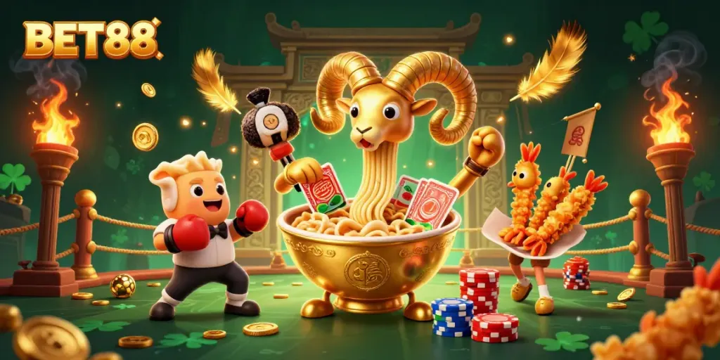 Experience the excitement of BET88 with dynamic 3D characters and colorful casino elements.