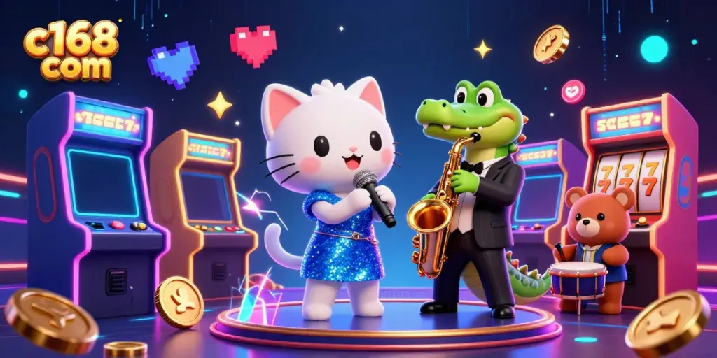 Engage with c168 com's exciting casino atmosphere featuring a jazz-singer cat, a sax-playing crocodile, and dynamic gaming elements.