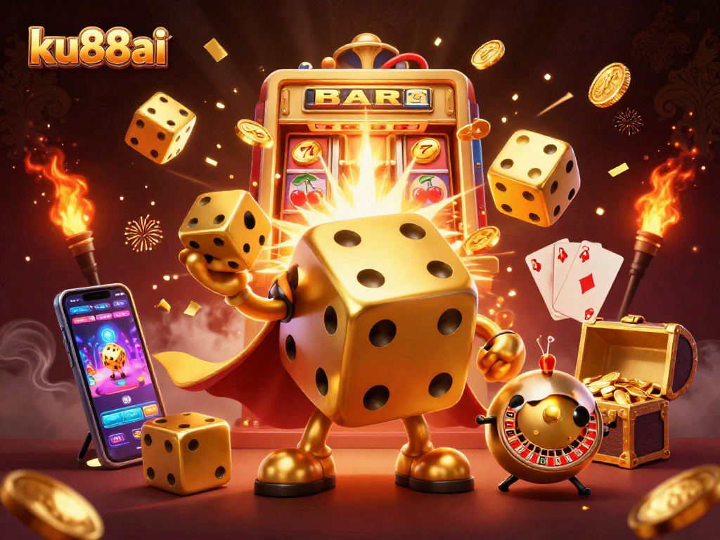 Engage with ku88ai's vibrant 3D casino action featuring animated golden dice and a jackpot explosion.