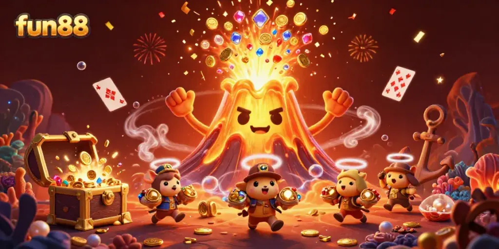 Spin the fun88 slots amidst a treasure-filled eruption of coins and gems!