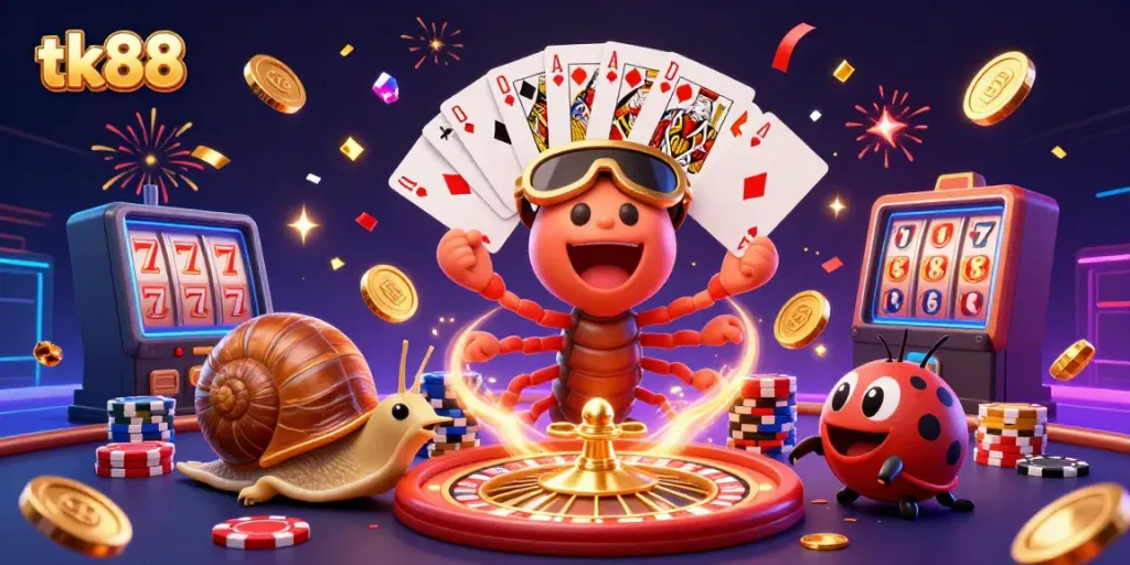Experience thrilling gameplay with tk88 in this vibrant 3D illustration showcasing dynamic casino elements.