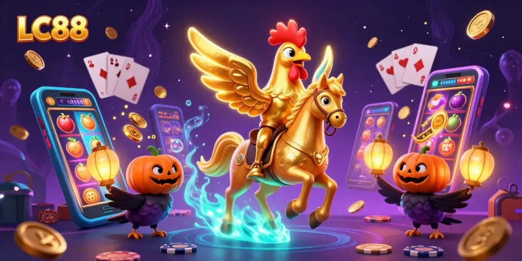 Engage in gaming excitement at LC88 with a golden rooster and magical casino elements.