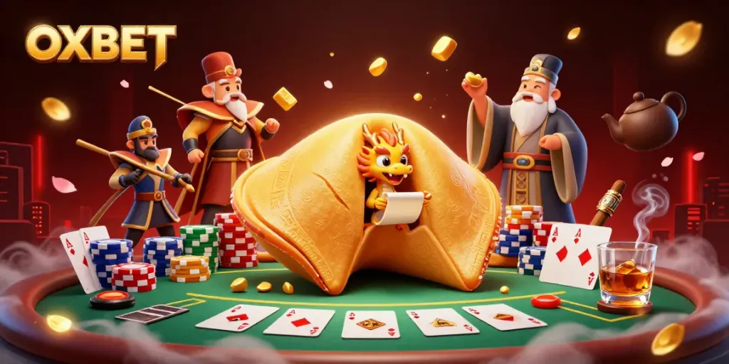 Experience the excitement of OXBET with a vibrant, cartoonish casino scene illustrating poker and fortune elements.